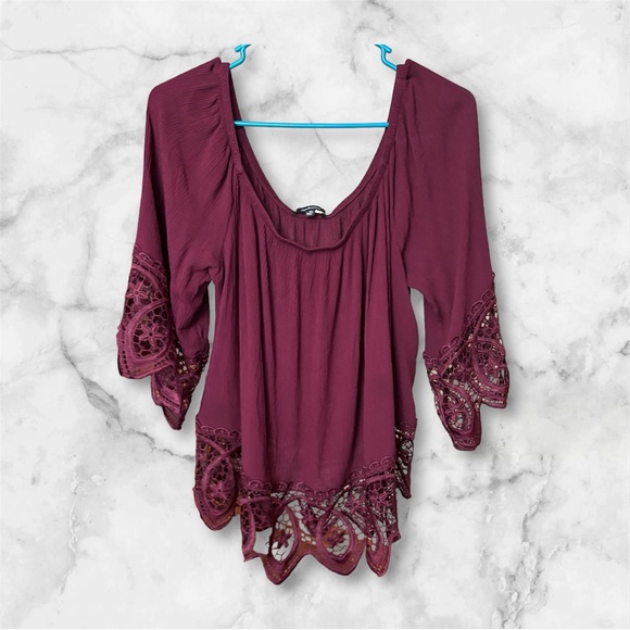 Maroon lace shoulder top 3X - Picture 1 of 4